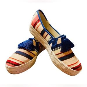 Kate Spade Keds size 9.5 collab canvas slip on platform shoes stripes preppy